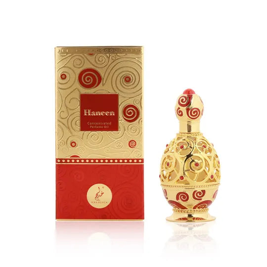 Haneen Gold 20ml non-alcoholic perfume oil by Khadlaj – long lasting floral musk fragrance with bergamot, rose, amber, vanilla, and skin-safe formulation.